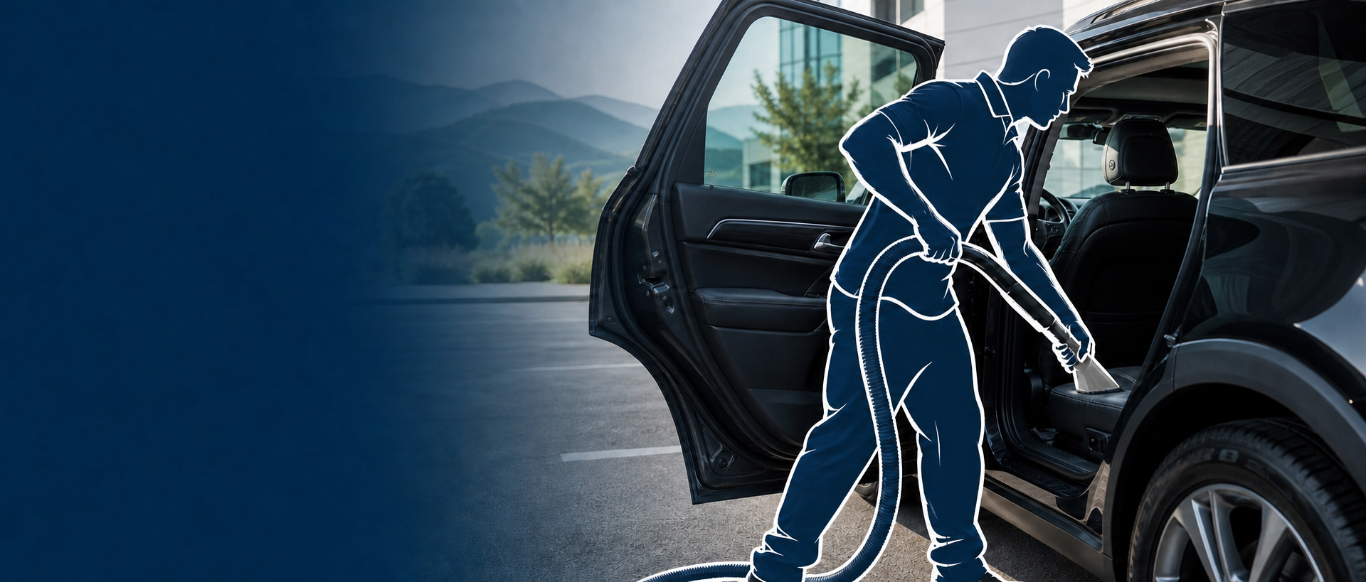 MSDC cleaner character detailing a vehicle interior on site