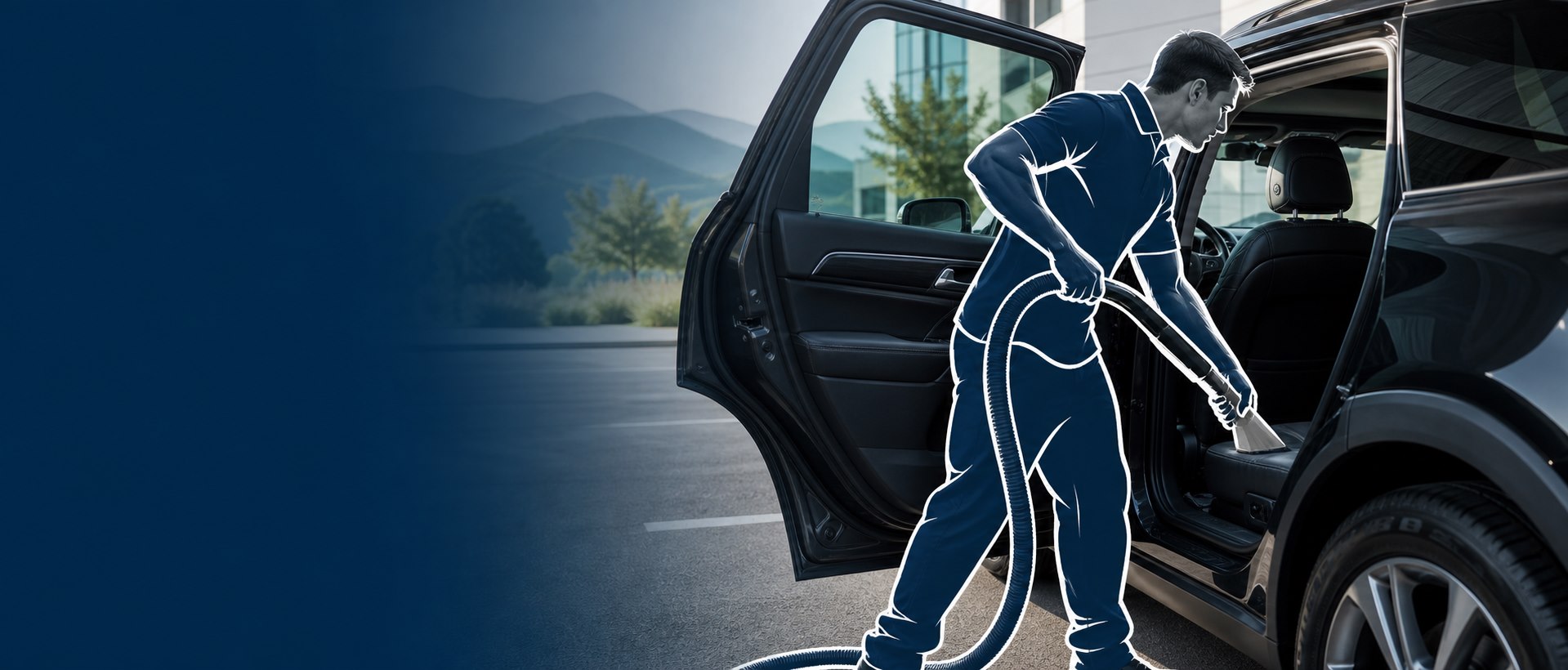 MSDC cleaner character detailing a vehicle interior on site