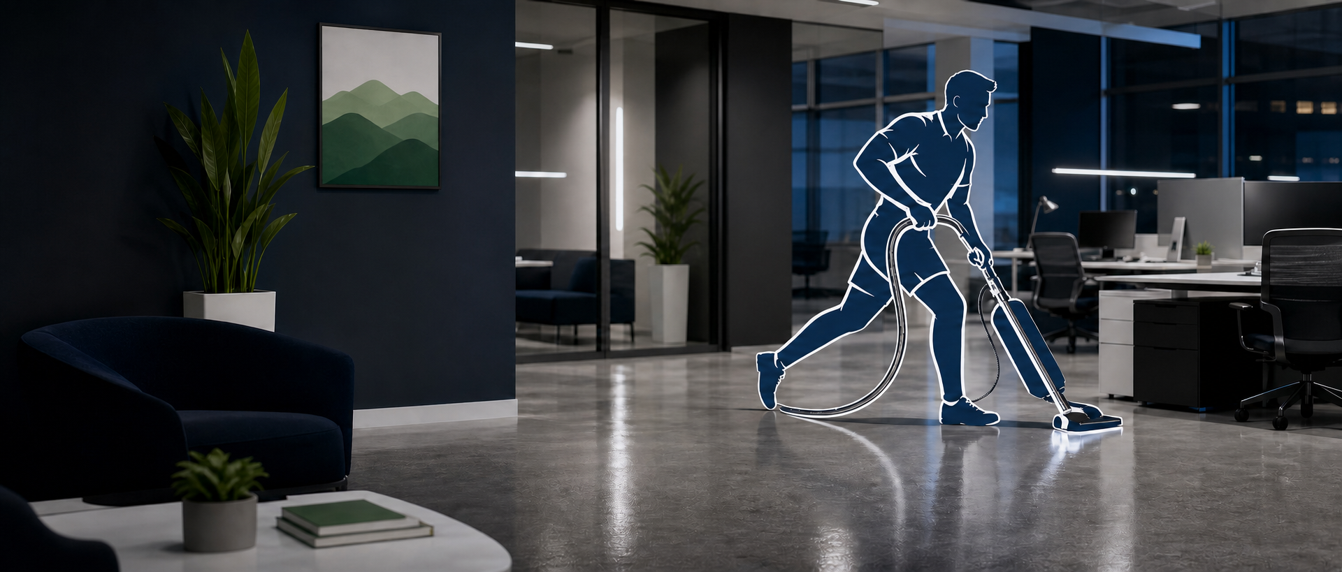 MSDC cleaner character maintaining a modern office after hours