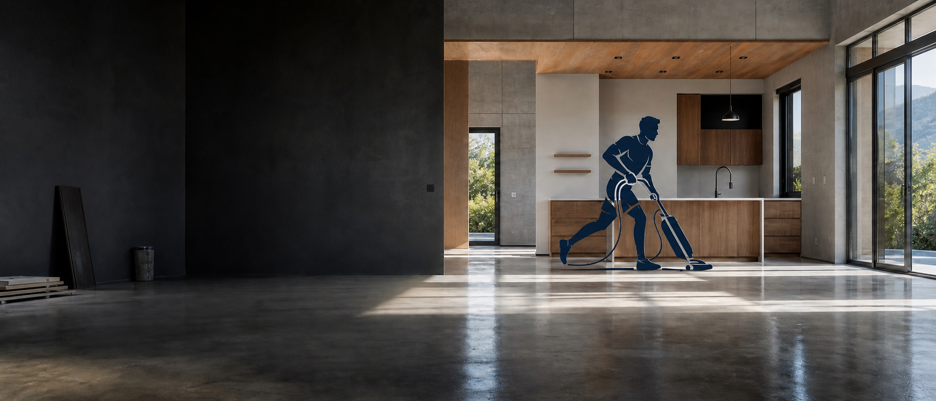 MSDC cleaner character completing a final clean in a newly built interior