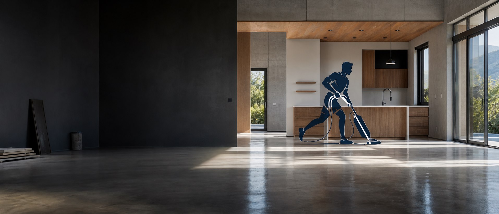 MSDC cleaner character completing a final clean in a newly built interior