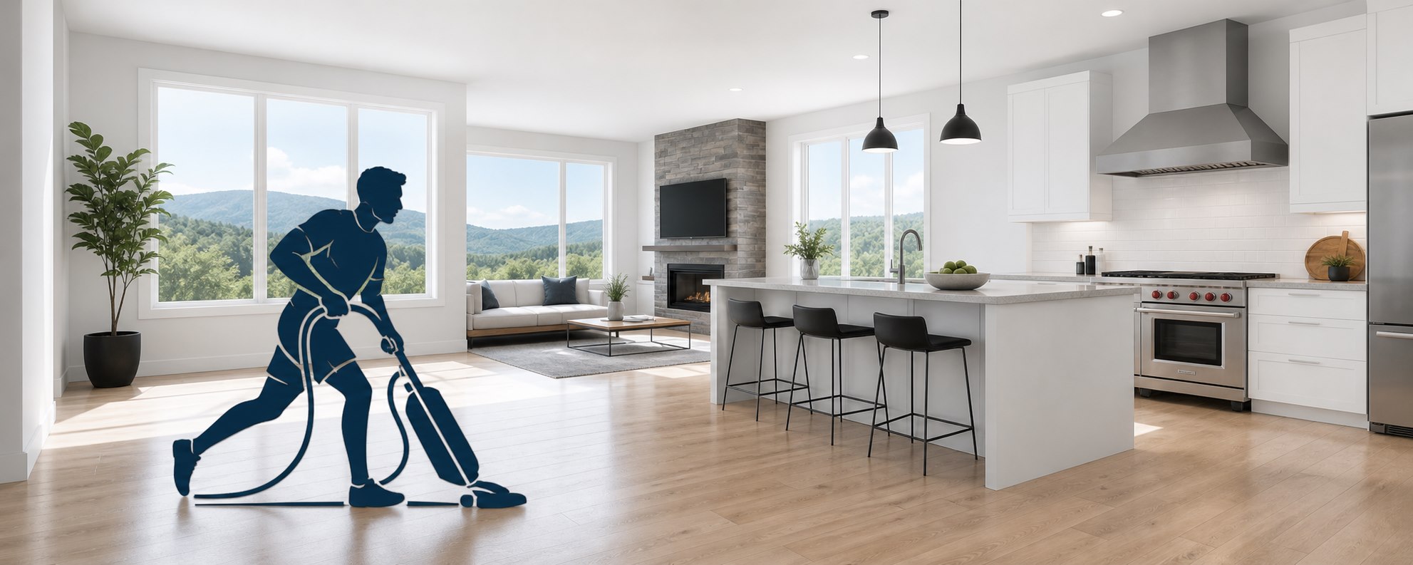MSDC cleaner character preparing a bright mountain-view home for showing